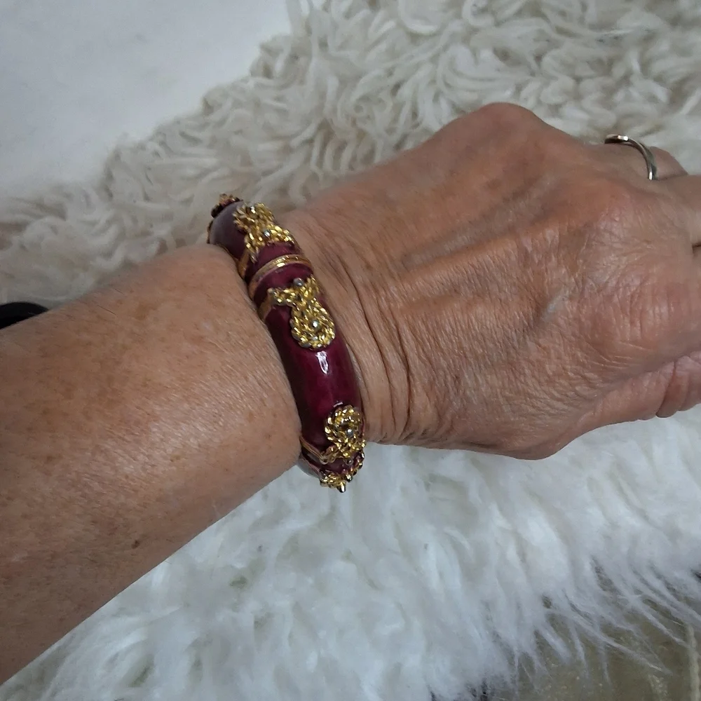 Kenneth Jay Lane KJL Purple Enamel Hinged Clamper Bangle Gold Rope Scroll Bracel - Picture 4 of 12